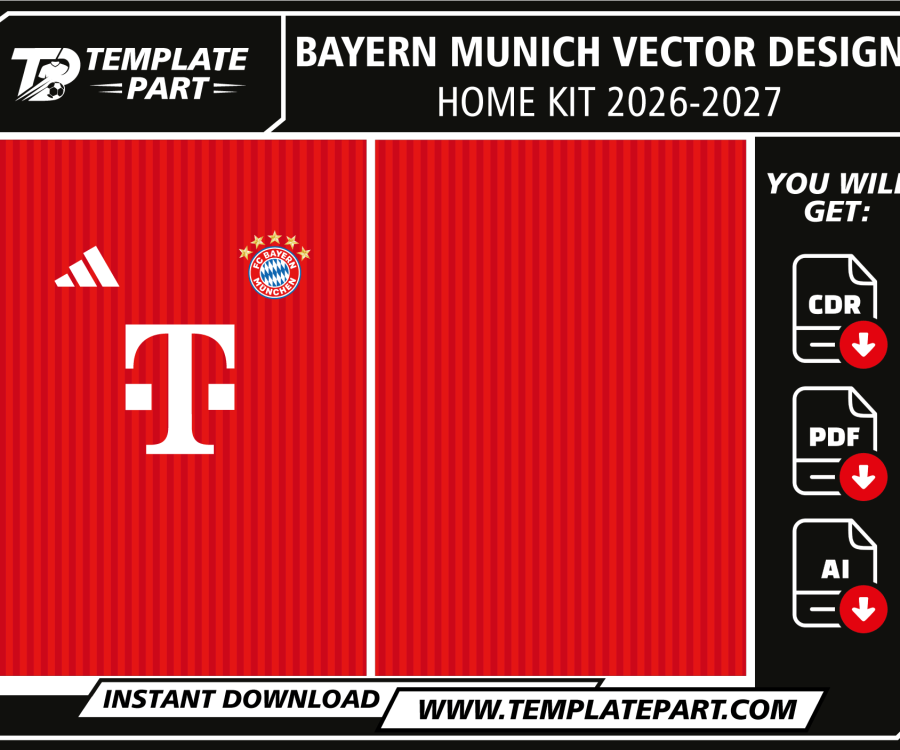 Bayern München 26-27 Home Kit vector template inspired by the FC Bayern München 2026-27 home football jersey with red tonal pinstripes