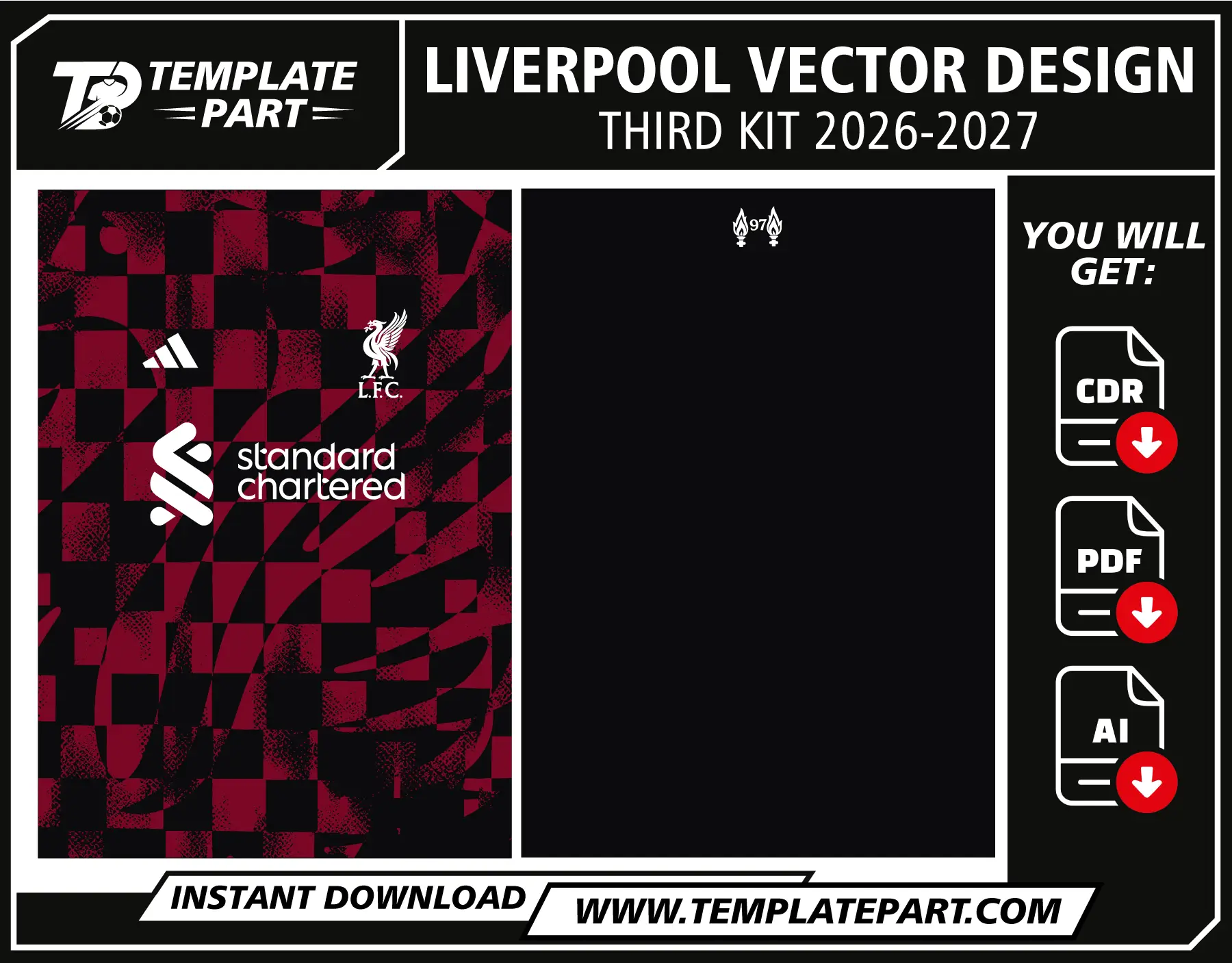 Liverpool 26-27 Third Kit Vector Template for football jersey sublimation in CDR AI and PDF format