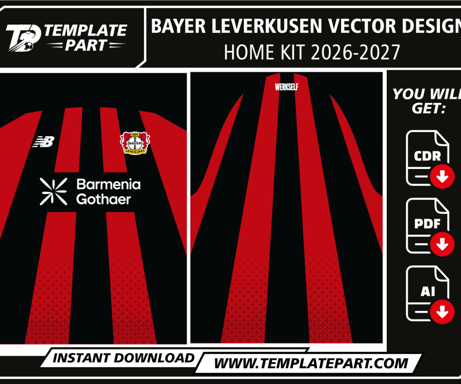 Bayer Leverkusen 26-27 Home Kit vector template inspired by the Bayer 04 Leverkusen 2026-27 home football jersey with bold red and black stripes