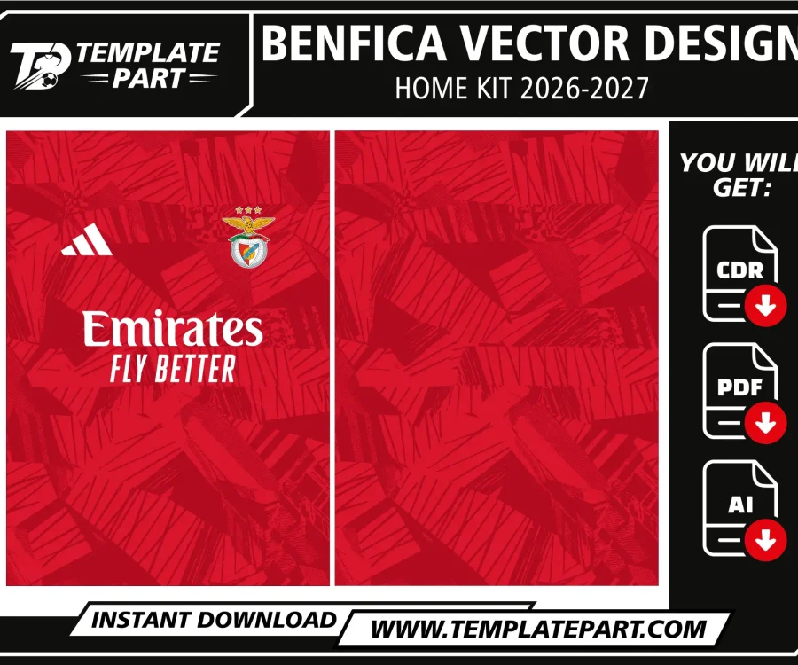 Benfica 26-27 Home Kit Template red football jersey vector design for sublimation