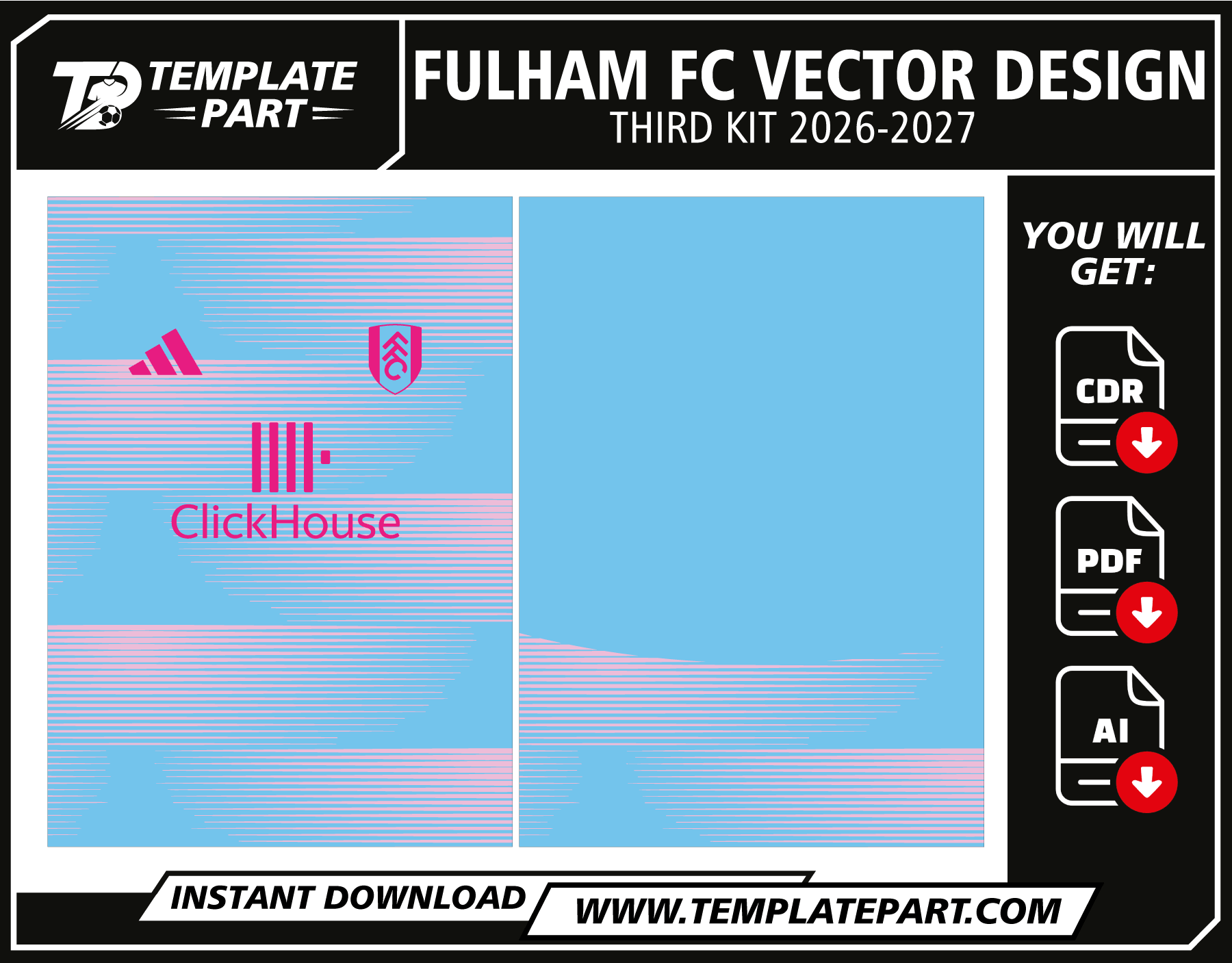 Fulham 26-27 Third Kit Template sky blue and neon pink football jersey vector