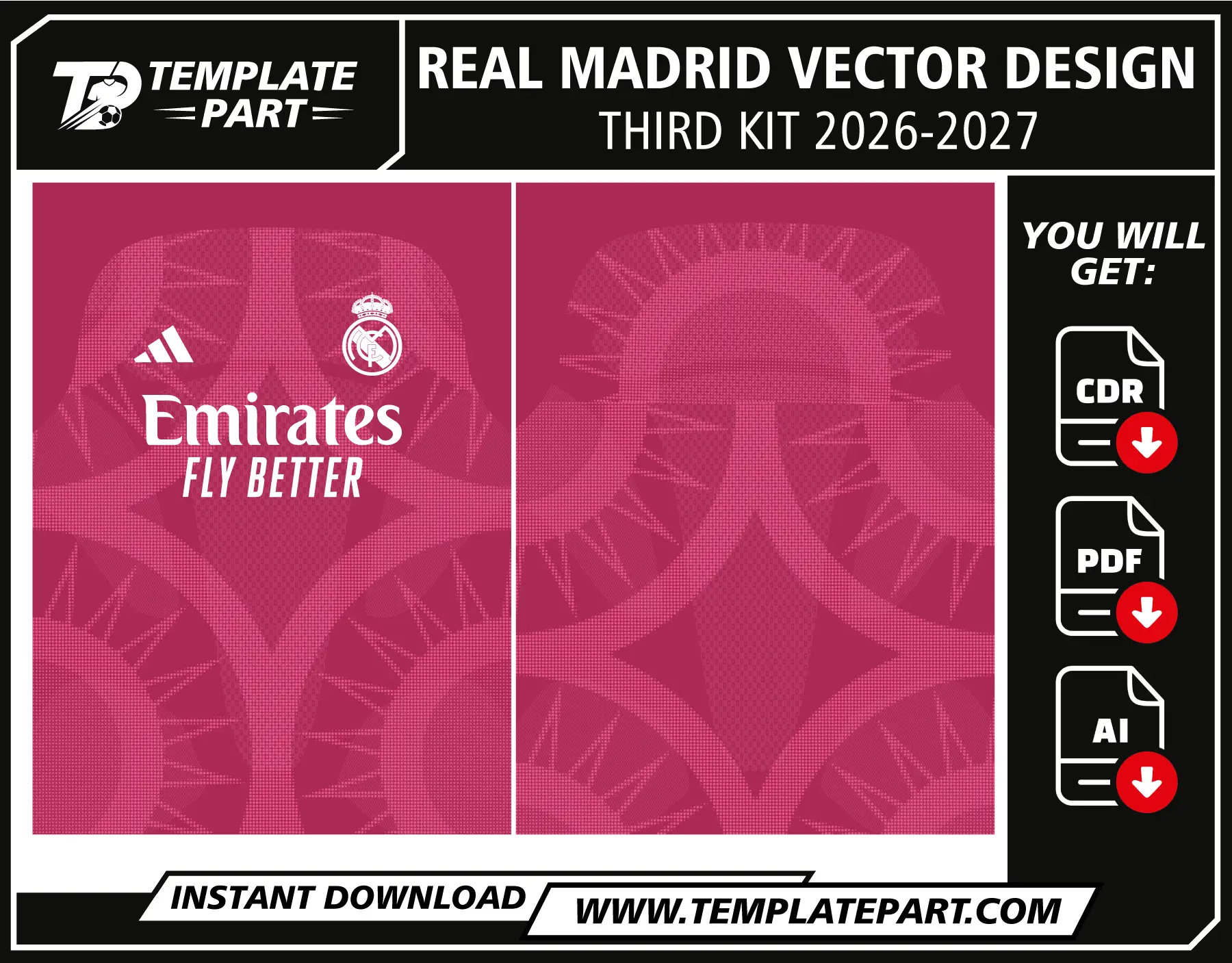 Real Madrid 26-27 Third Kit Template pink football jersey vector design for sublimation