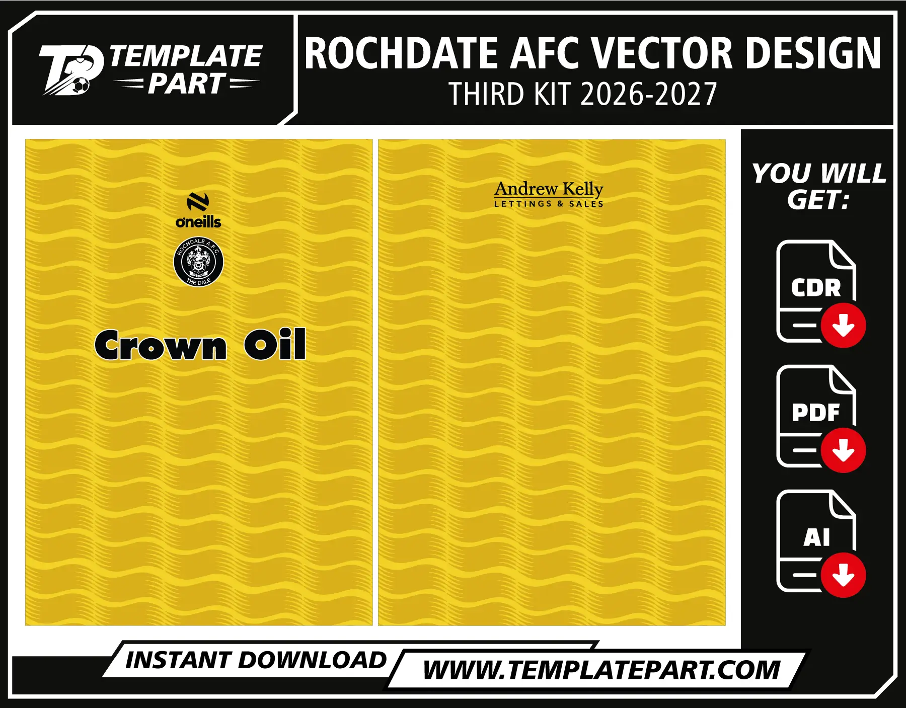 Rochdale AFC 26-27 Third Kit Template yellow football jersey vector design